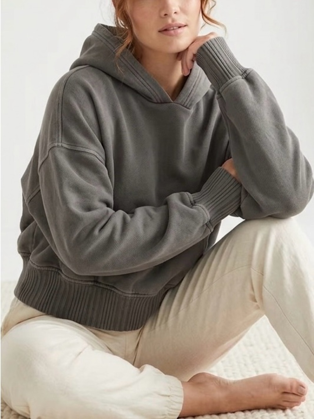 Aerie Gray Oversized Boxy Cropped Hoodie Cozy Fleece Cotton Blend S